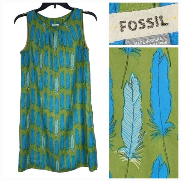 Fossil Silky Soft Feather Print Green Shift Dress Microfiber Sleeveless Tribal - Picture 1 of 10